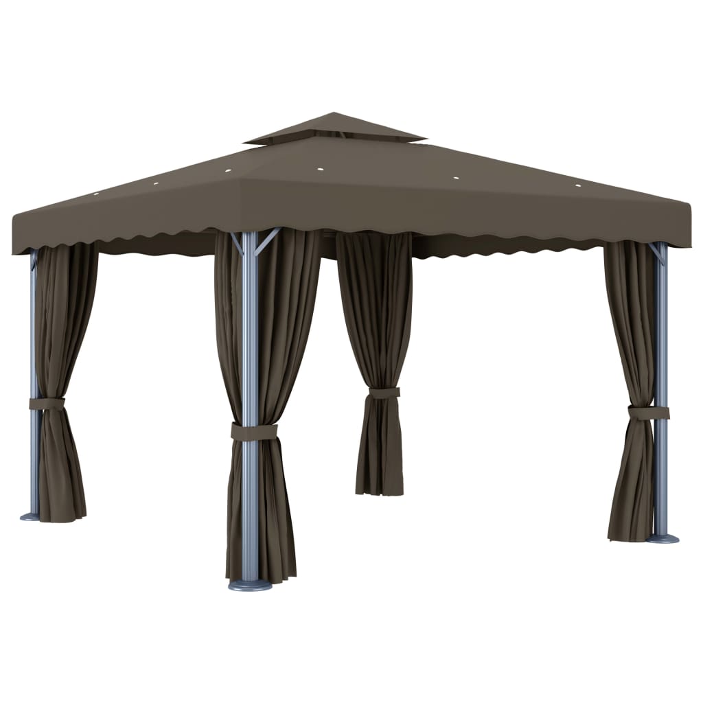 Gazebo avec rideaux et guirlande lumineuse LED 3x3 m Taupe