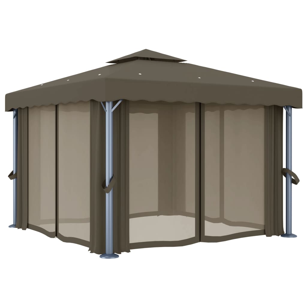 Gazebo avec rideaux et guirlande lumineuse LED 3x3 m Taupe