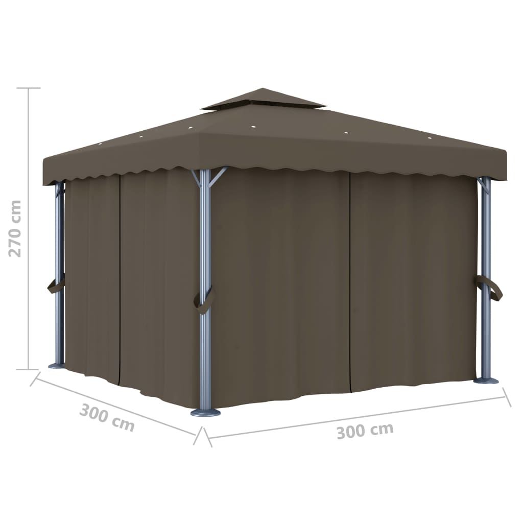 Gazebo avec rideaux et guirlande lumineuse LED 3x3 m Taupe