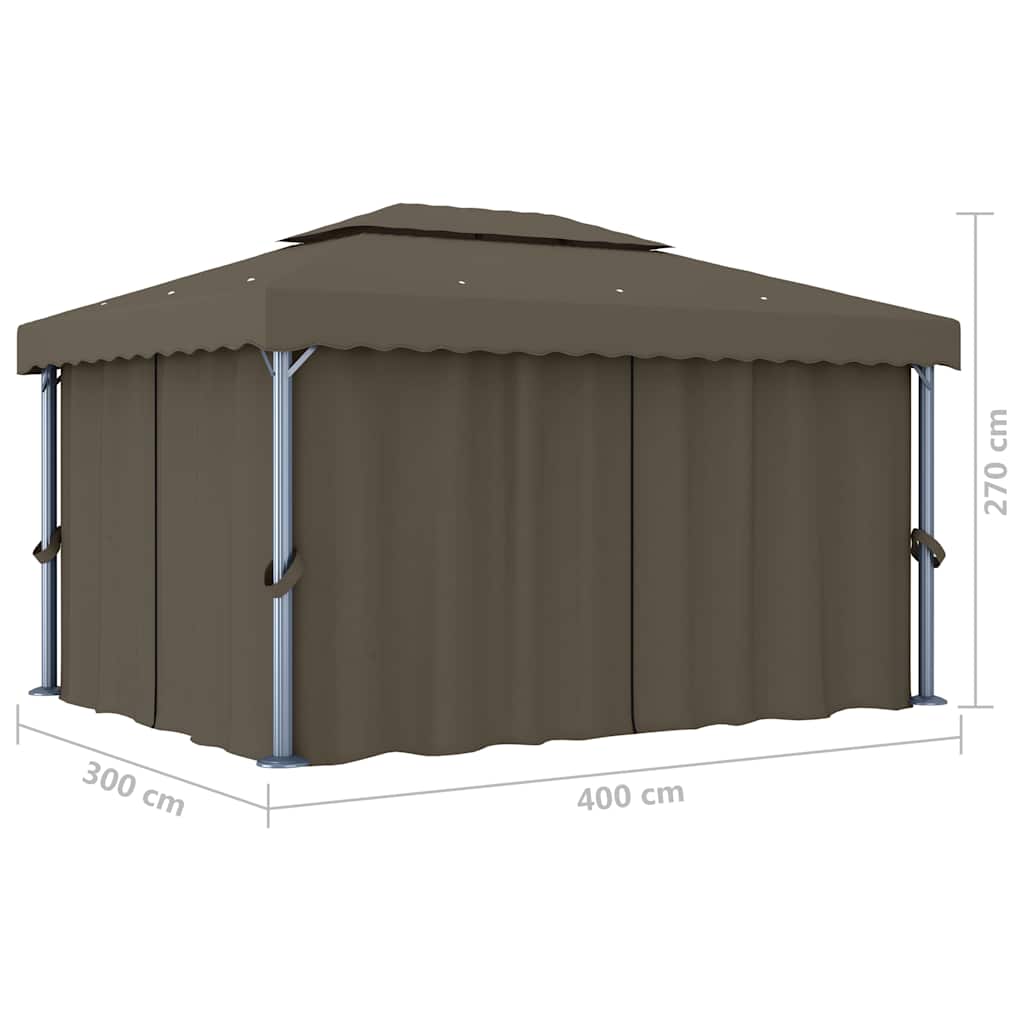 Pavillon mit Vorhängen & LED-Lichterkette 4x3 m Taupe