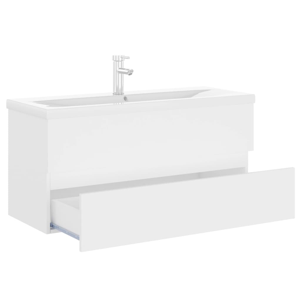 Washbasin cabinet with built-in basin white wood material