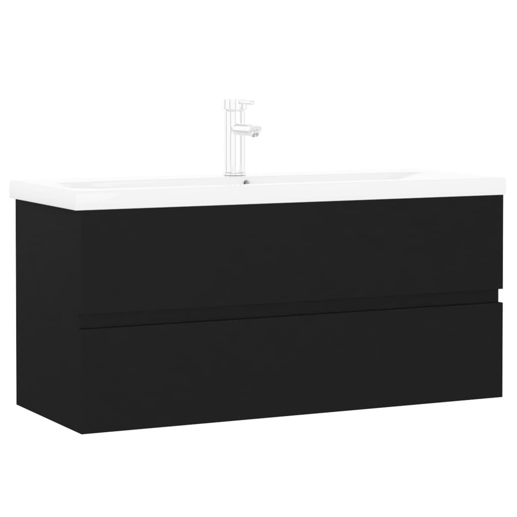 Vanity unit with built-in basin, black wood material