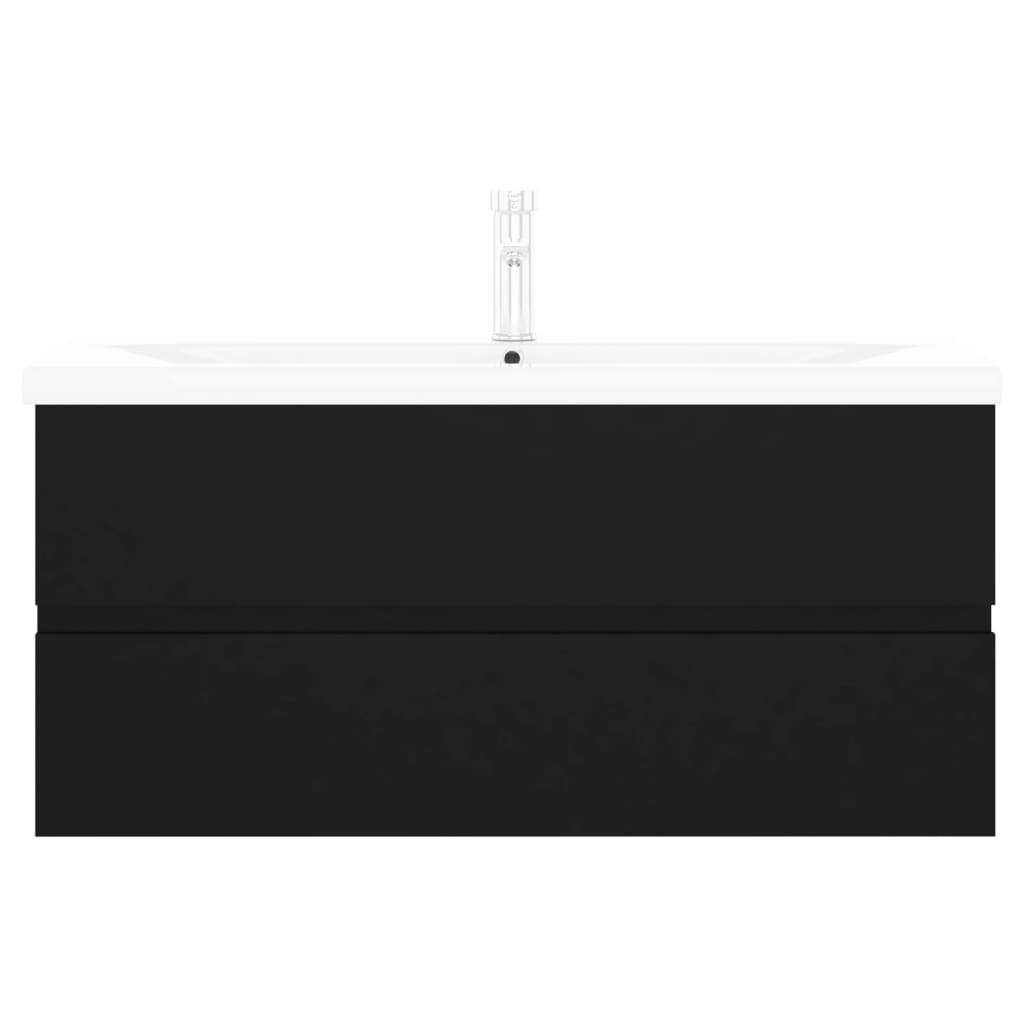 Vanity unit with built-in basin, black wood material