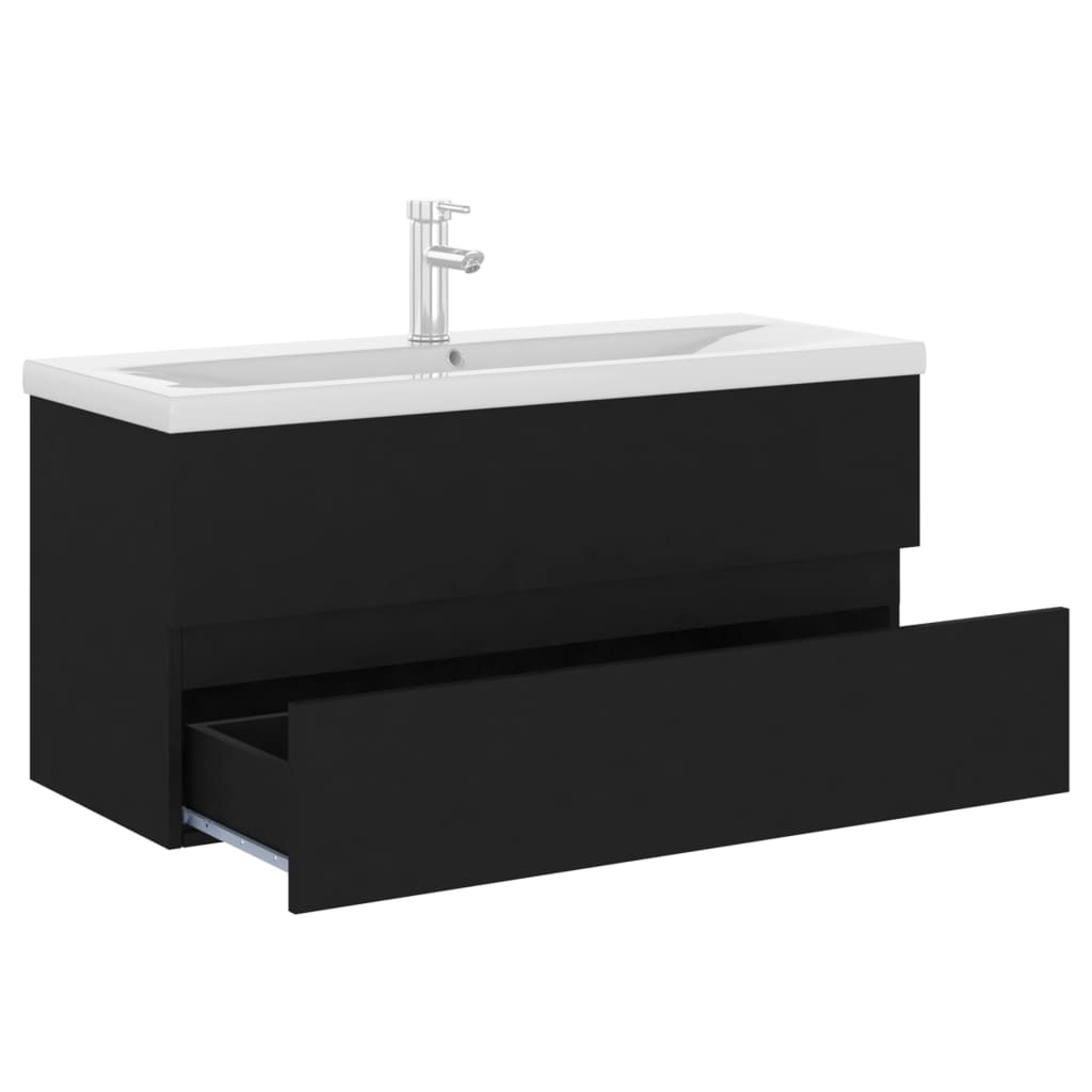 Vanity unit with built-in basin, black wood material