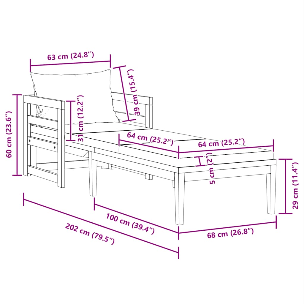 Sonnenliege mit Cremeweißen Kissen Massivholz Akazie