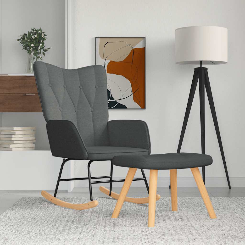 Chaise à bascule avec tabouret en tissu gris foncé
