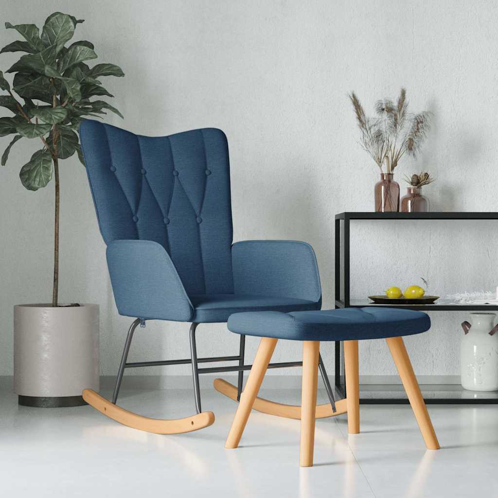 Chaise à bascule avec tabouret en tissu bleu