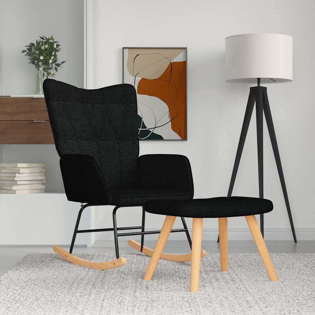 Chaise à bascule avec tabouret en tissu noir