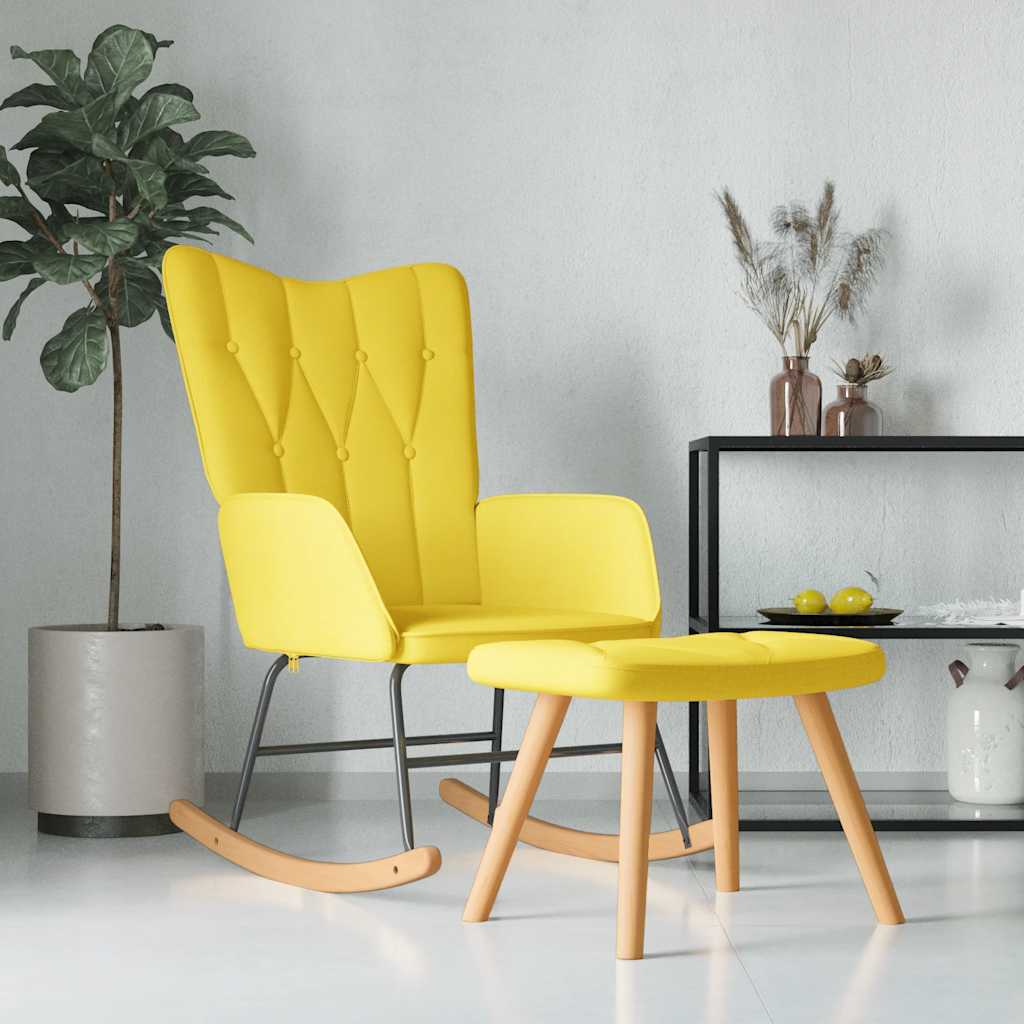Chaise à bascule avec tabouret en tissu jaune moutarde