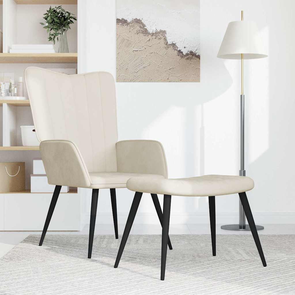 Relaxsessel mit Hocker Cremeweiß Samt