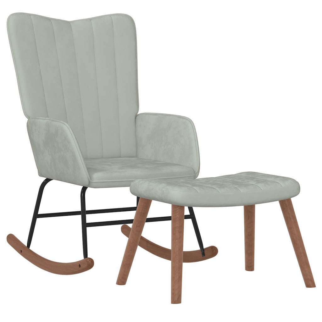 Fauteuil à bascule avec tabouret en velours gris clair