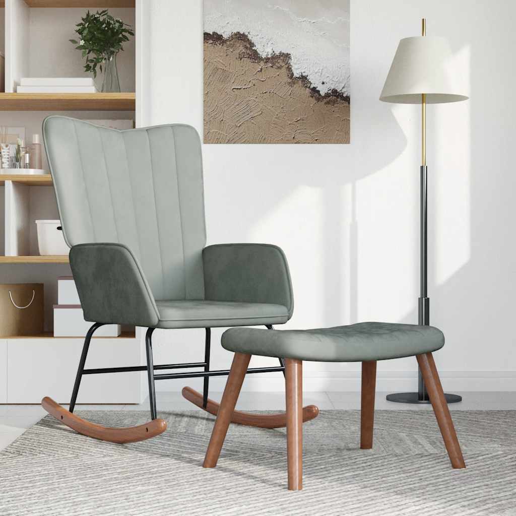Fauteuil à bascule avec tabouret en velours gris clair