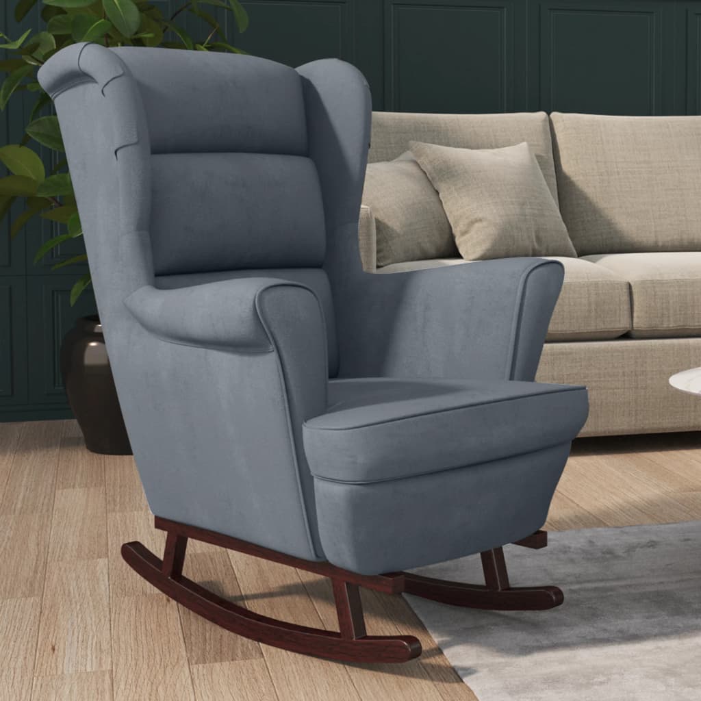 Chaise à bascule avec pieds en bois massif et caoutchouc, velours gris foncé