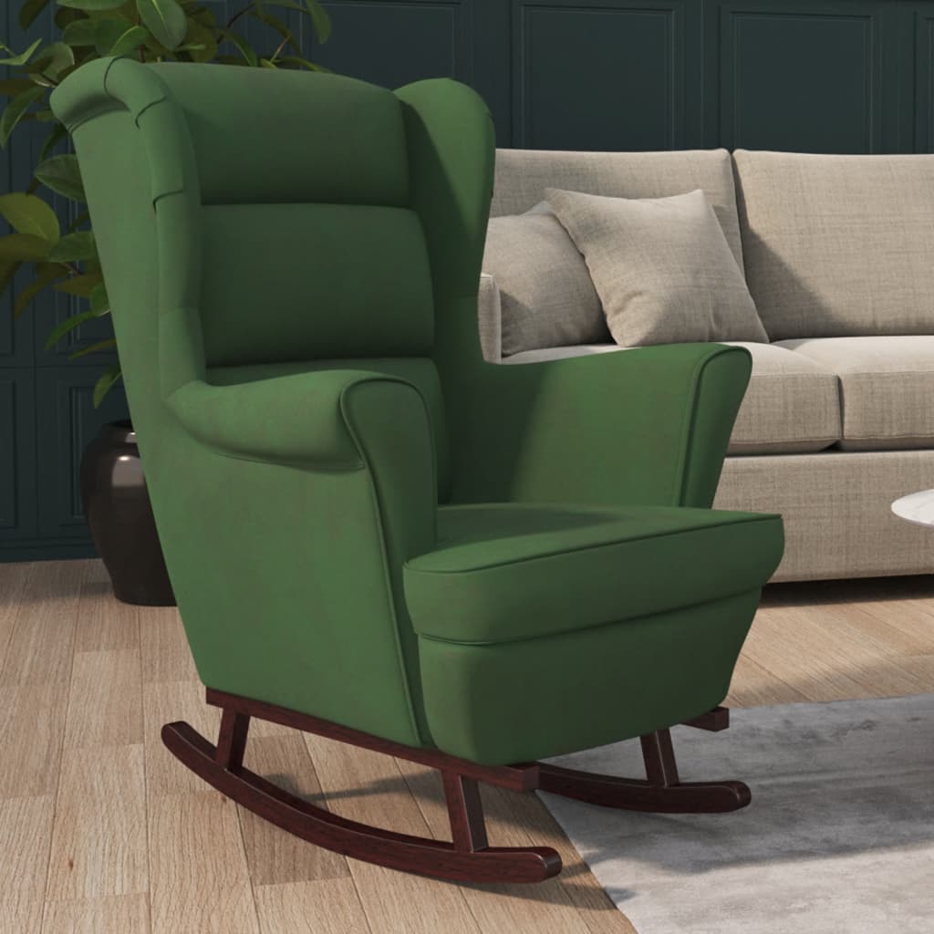Chaise à bascule avec pieds en bois massif et caoutchouc, velours vert foncé