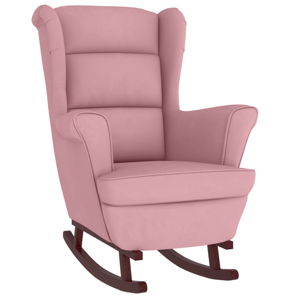 Chaise à bascule avec pieds en bois massif et caoutchouc, velours rose