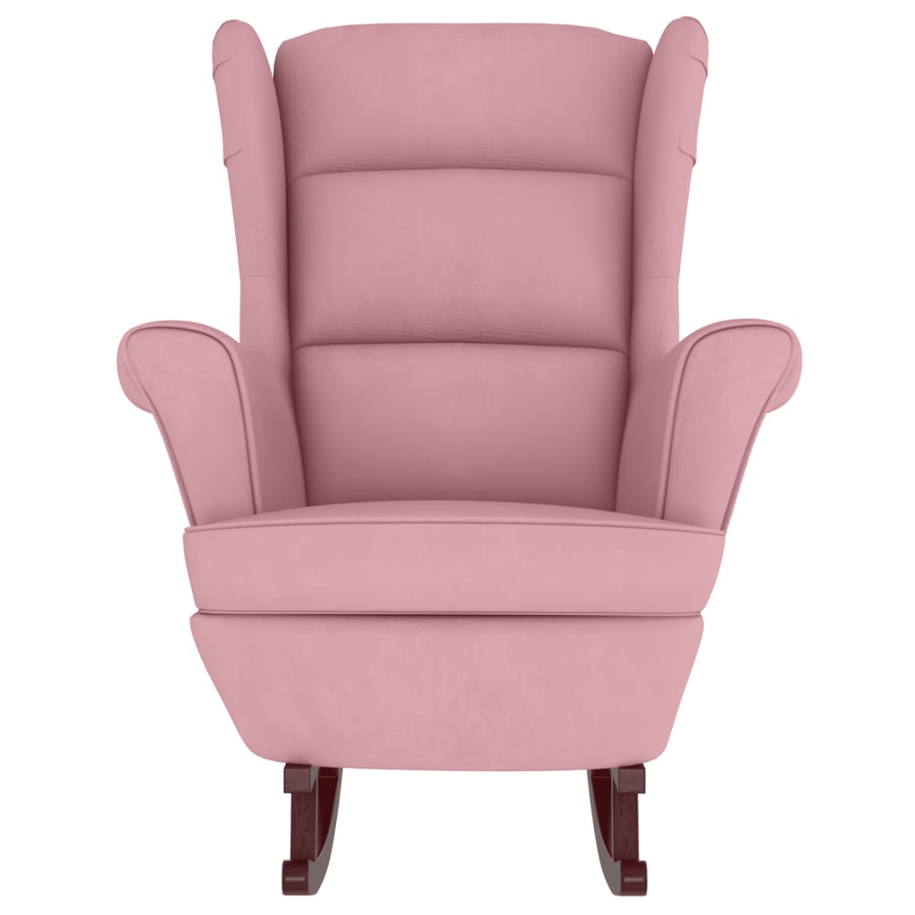 Chaise à bascule avec pieds en bois massif et caoutchouc, velours rose