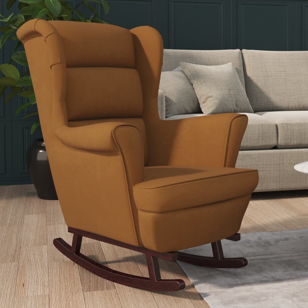 Chaise à bascule avec pieds en bois massif et caoutchouc, velours marron