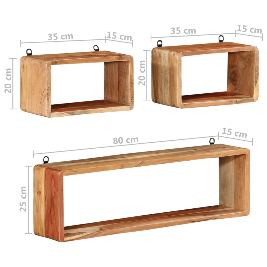 3-piece cube shelf set made of solid acacia wood