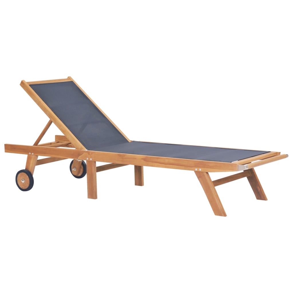 Chaises longues pliables à roulettes, lot de 2, bois de teck et textilène