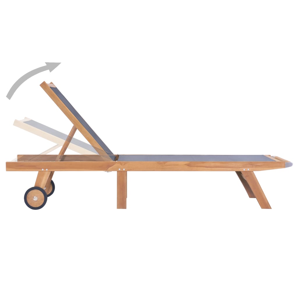 Chaises longues pliables à roulettes, lot de 2, bois de teck et textilène