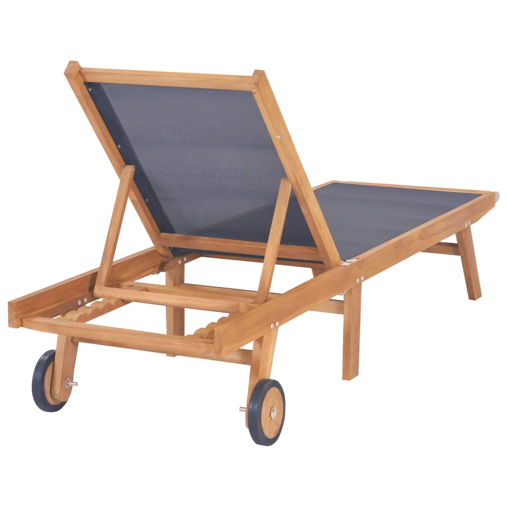 Chaises longues pliables à roulettes, lot de 2, bois de teck et textilène