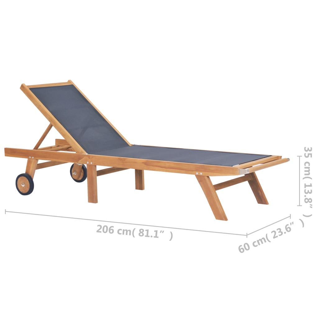 Chaises longues pliables à roulettes, lot de 2, bois de teck et textilène