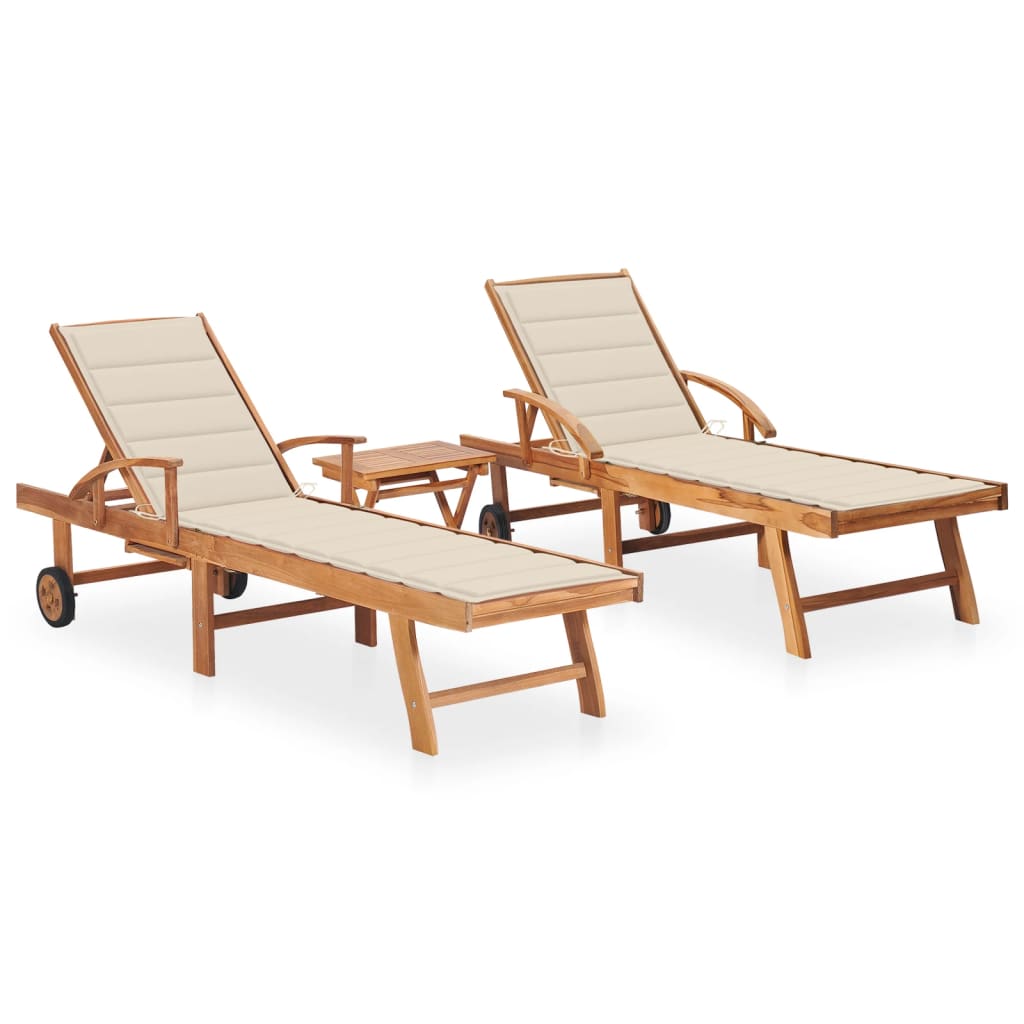 Chaises longues 2 pièces avec table et coussins en bois de teck massif