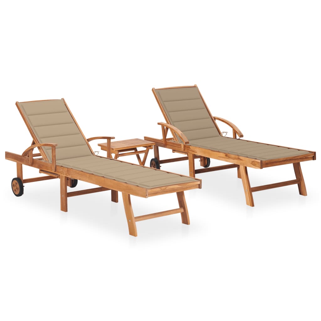 Sun loungers 2 pcs. with table and cushions solid teak wood