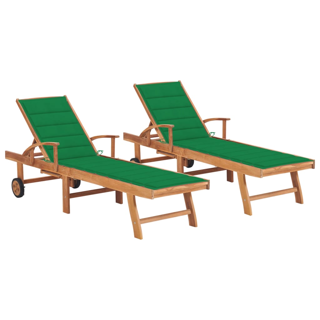 Chaises longues 2 pièces avec coussins en bois de teck massif vert