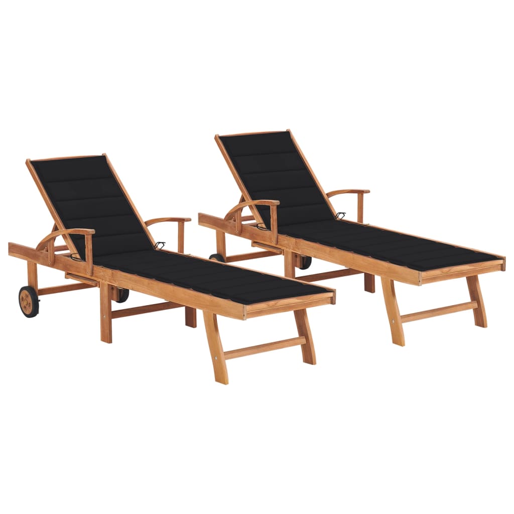 Chaises longues 2 pièces avec coussins en bois de teck massif noir