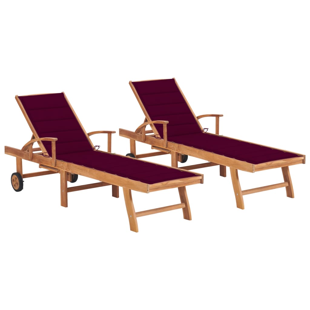Sun loungers 2 pcs. with cushions wine red solid teak wood