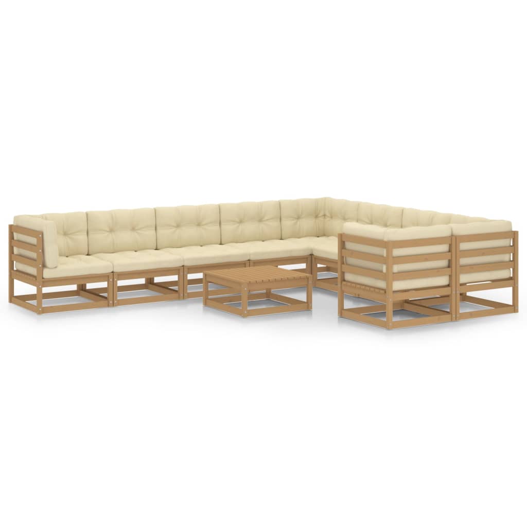 Salon de jardin 10 pièces avec coussins, marron miel, bois massif