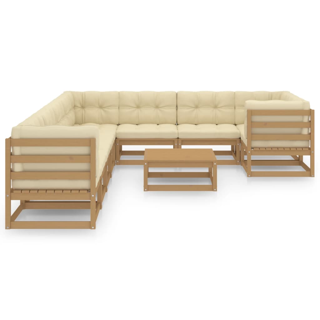 Salon de jardin 10 pièces avec coussins, marron miel, bois massif