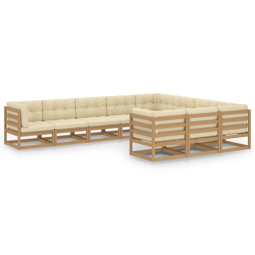 Salon de jardin 10 pièces avec coussins, marron miel, bois massif