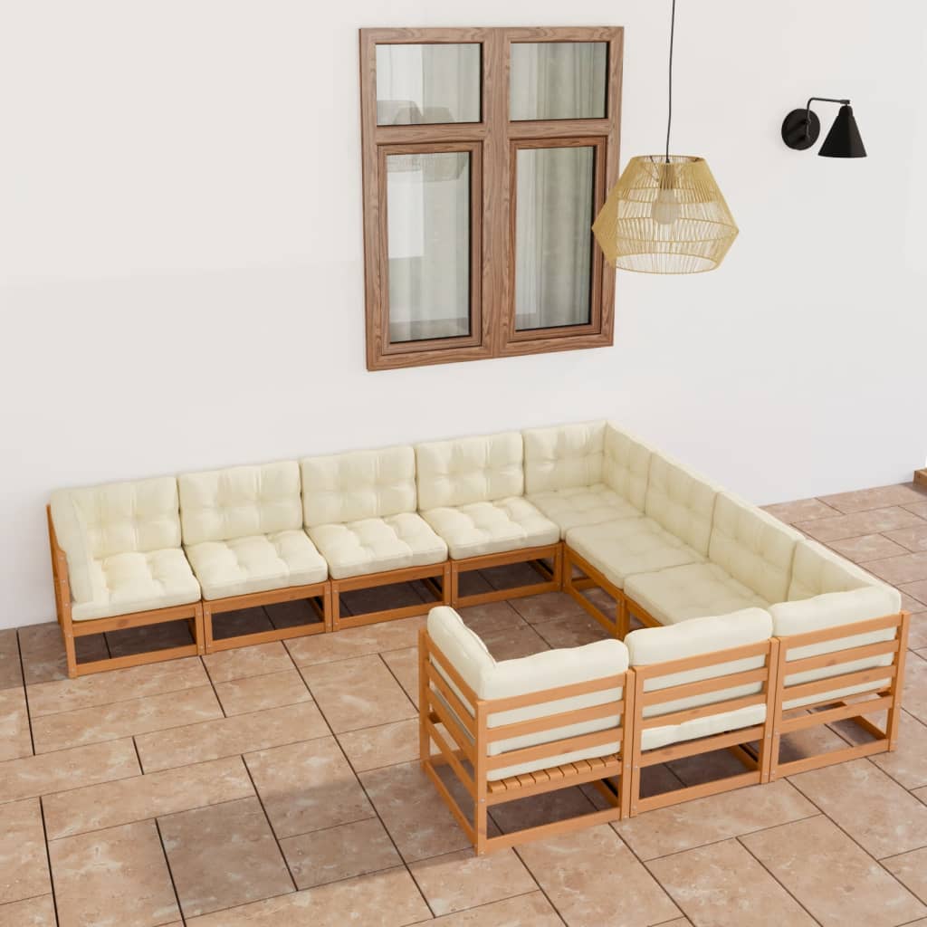 Salon de jardin 10 pièces avec coussins, marron miel, bois massif