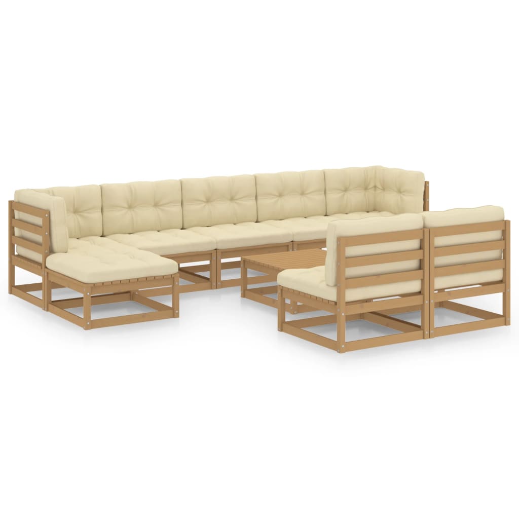 Salon de jardin 10 pièces avec coussins, marron miel, bois massif