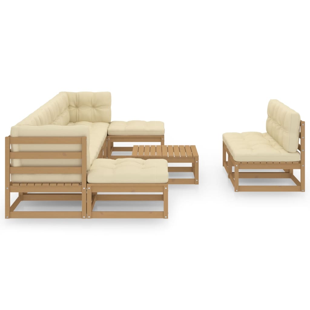 Salon de jardin 10 pièces avec coussins, marron miel, bois massif