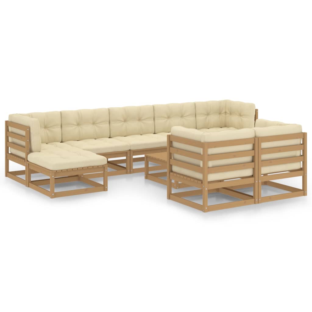 Salon de jardin 10 pièces avec coussins, marron miel, bois massif