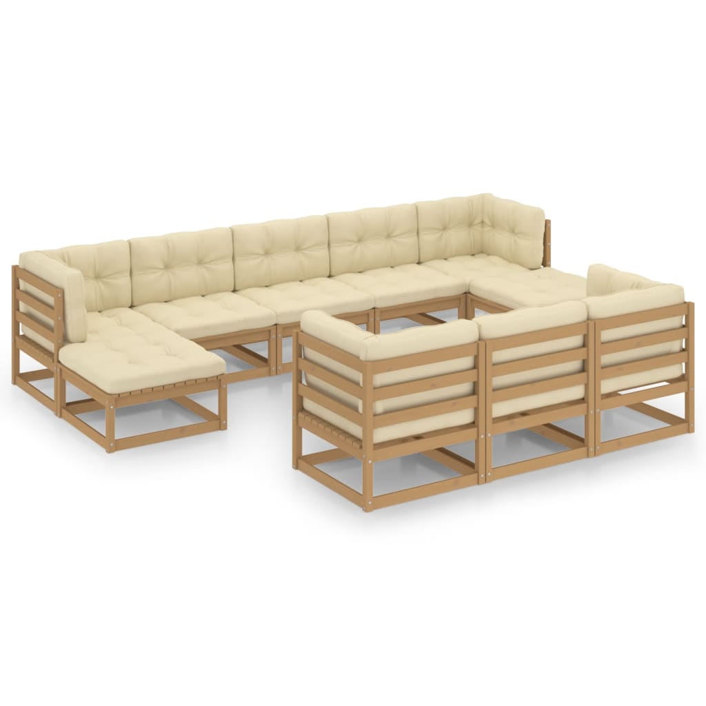 Salon de jardin 10 pièces avec coussins, marron miel, bois massif