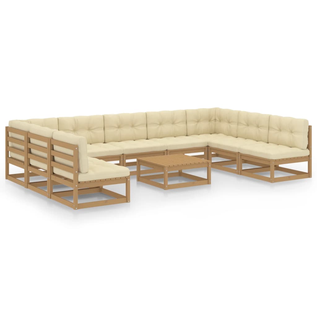 Salon de jardin 10 pièces avec coussins, marron miel, bois massif