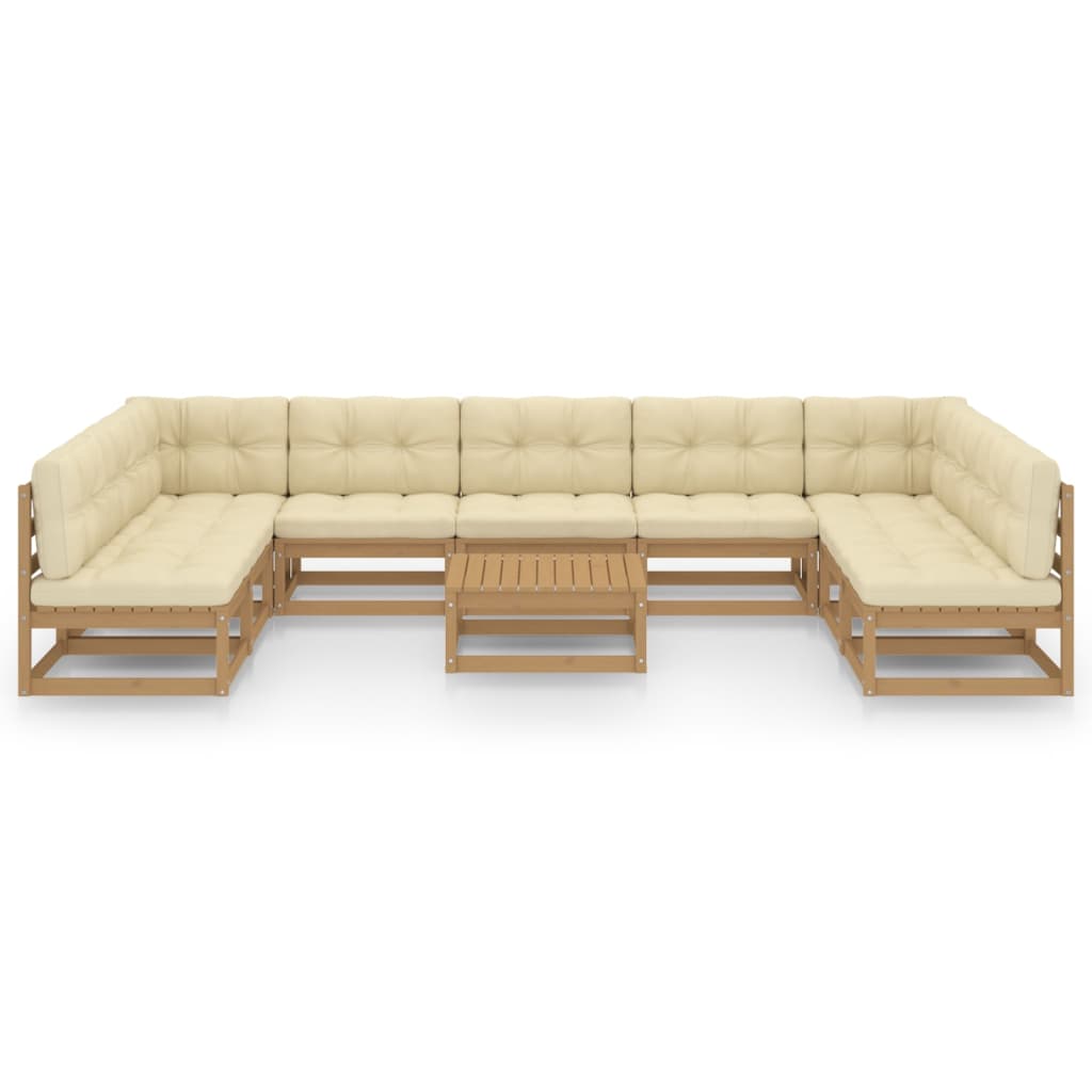 Salon de jardin 10 pièces avec coussins, marron miel, bois massif