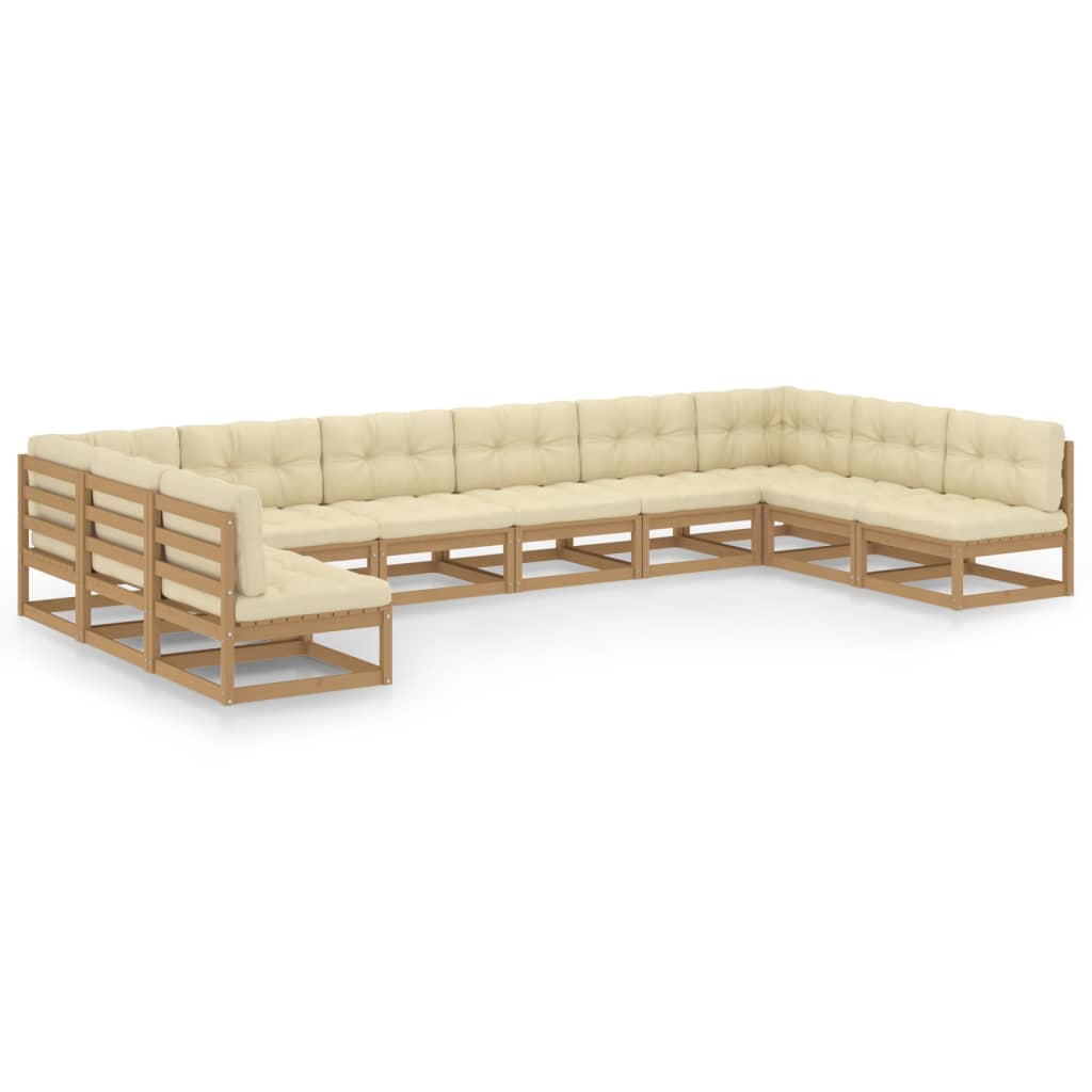 Salon de jardin 10 pièces avec coussins, marron miel, bois massif