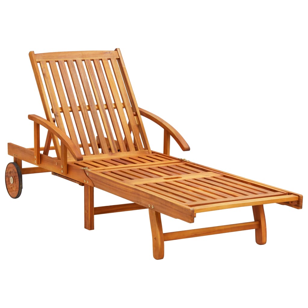 Chaises longues 2 pièces avec table et coussins en bois massif d'acacia