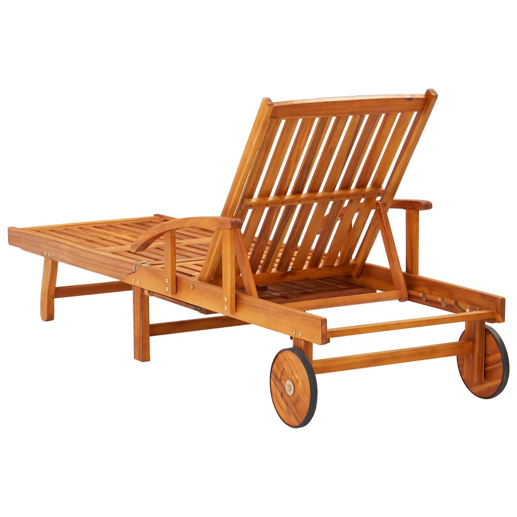 Chaises longues 2 pièces avec table et coussins en bois massif d'acacia