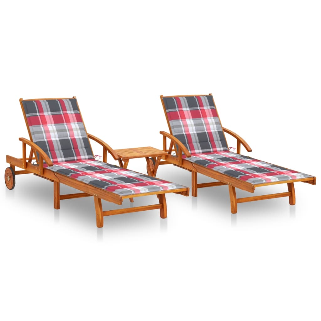 Chaises longues 2 pièces avec table et coussins en bois massif d'acacia