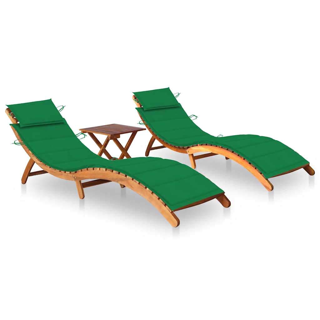 Chaises longues 2 pièces avec table et coussins en bois massif d'acacia