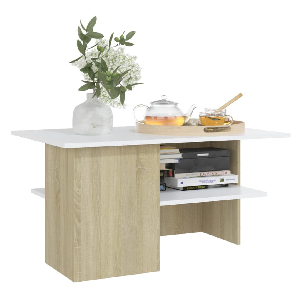 Table basse blanche et chêne Sonoma 90x60x46,5 cm matériau bois
