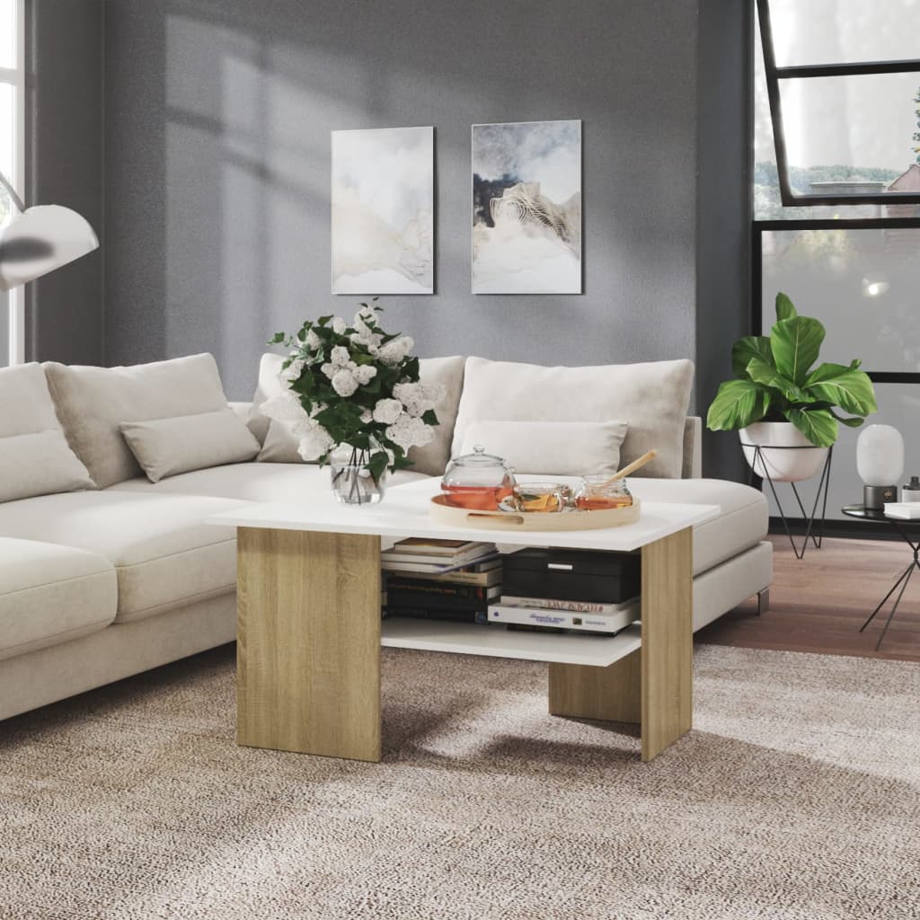 Table basse blanche et chêne Sonoma 90x60x46,5 cm matériau bois