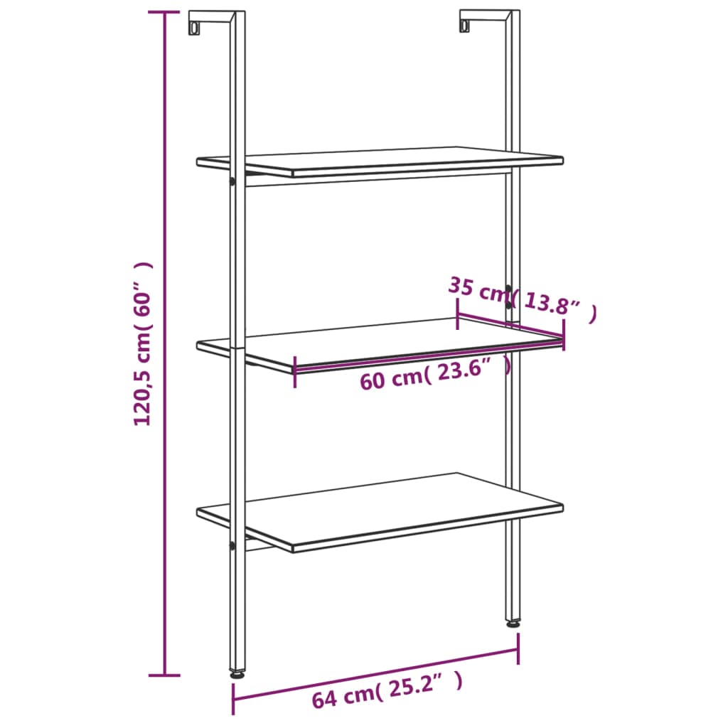 Leaning shelf with 3 shelves light brown and black 64x35x120.5 cm