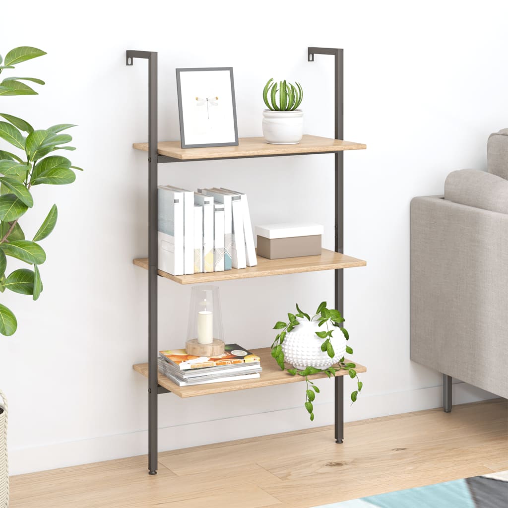 Leaning shelf with 3 shelves light brown and black 64x35x120.5 cm